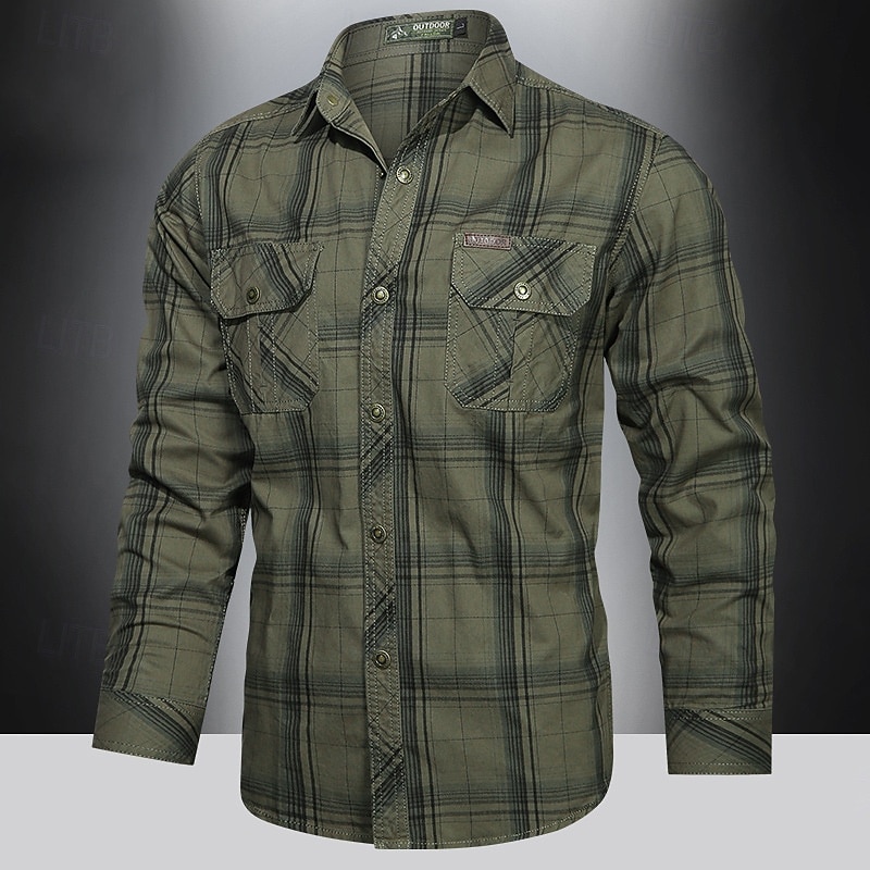 Herr Skjorta Arbetskläder skjortor Casual skjorta Arbetsskjortor Knapp upp skjorta Khaki grön Armégrön Mörkblå Långärmad Rutig Kavajslag Semester Helgdag Framficka Kläder Polyester Mode Ledigt Bekväm 2025 - $40.99 –P4