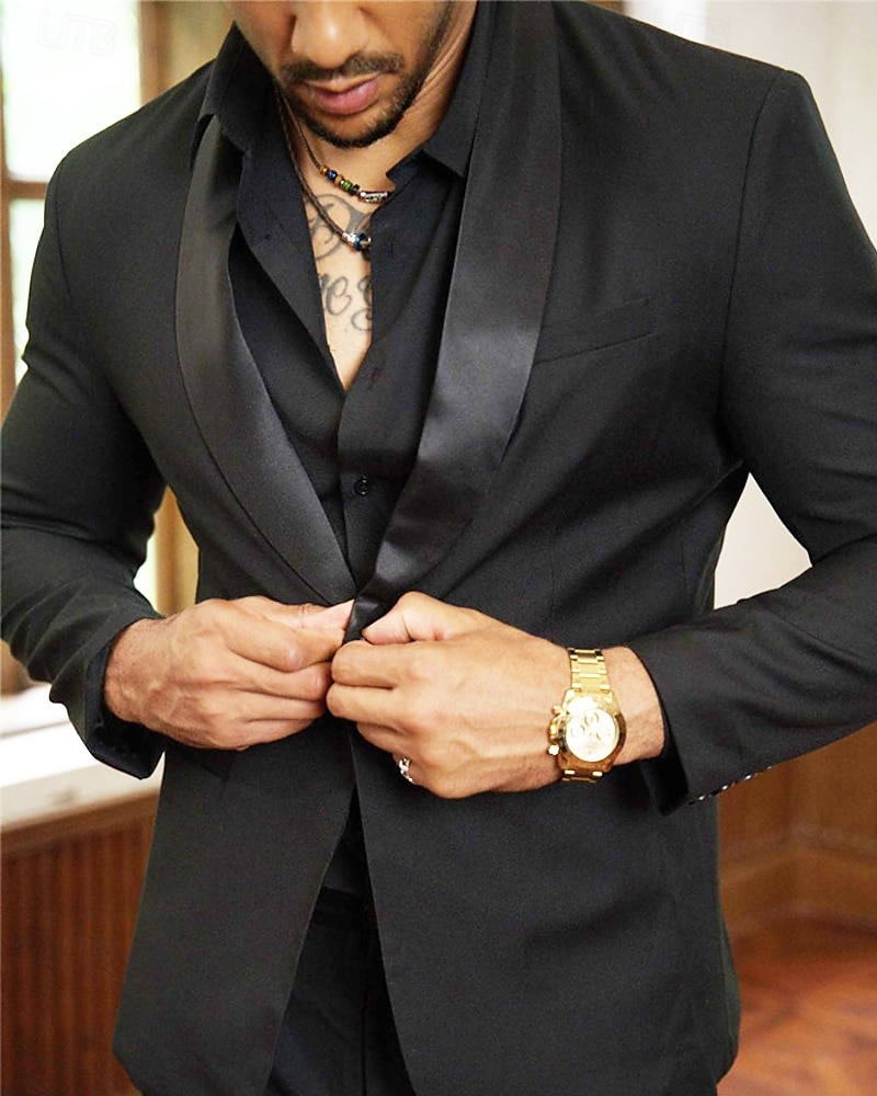 Hombre Graduación chaqueta Negocio Fiesta de Cóctel Fiesta de Boda Moda Casual Primavera & Otoño 65% algodón Plano Botones Bolsillo Cómodo Botonadura Simple Chaqueta de sport Negro 2025 - $57.99 –P5