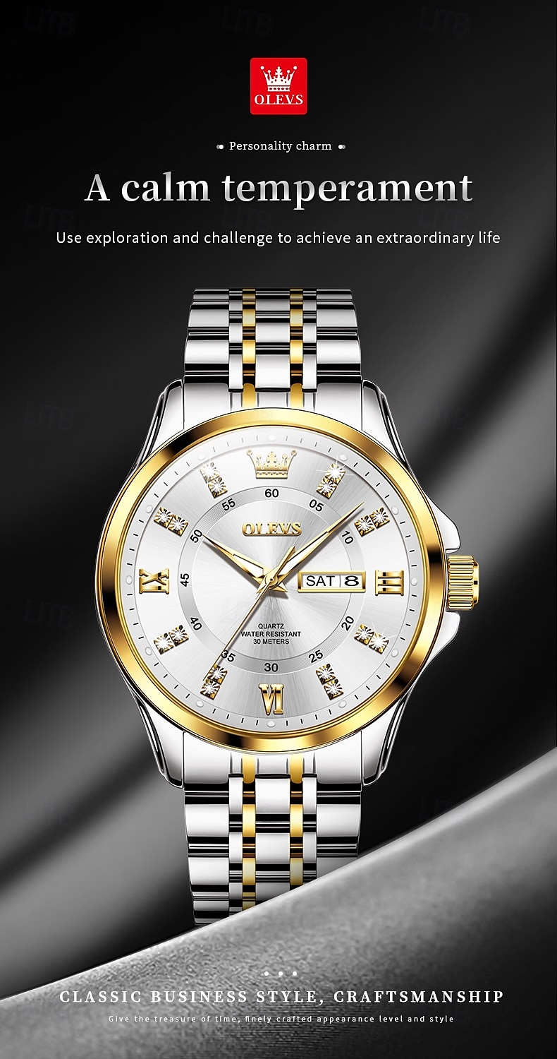 OLEVS 3620 Men Watch Stainless Steel Business Dual Calendar Waterproof Quartz Watch Luxury Brand Diamond Men Watch 2024 - $31.99 –P11