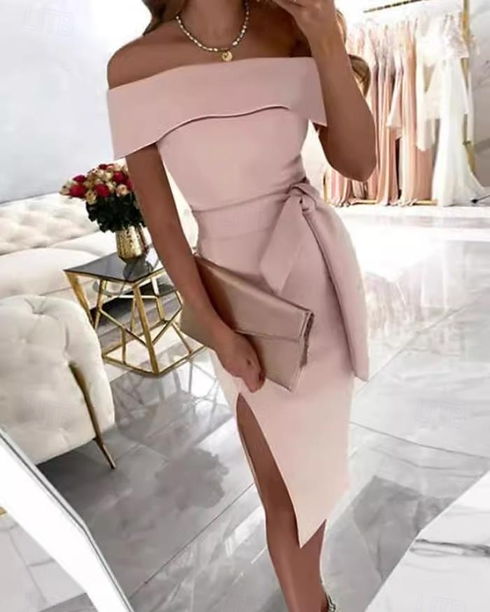 Femmes Robe Midi Robe noire Robe de remise des diplômes Robe unie Occasionnel Rue Date Coupe régulière Uni Manche Courte Épaules Dénudées Noir Rose Claire Rouge Été Printemps de 2025 ? $41.99 –P3