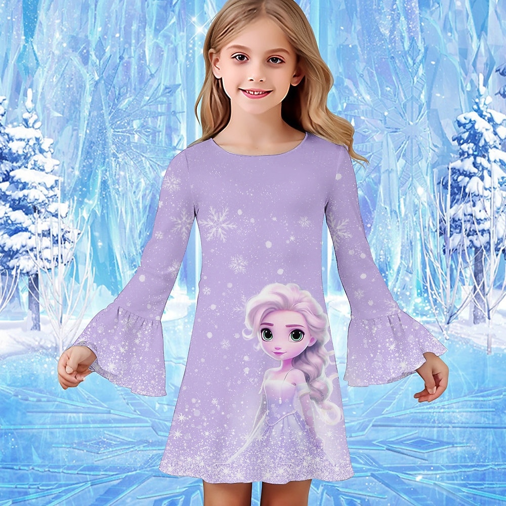 Tyttöjen 3D Kuvitettu Piirretty Lumihiutale Mekko Lumihiutale mekko Ruffle mekko Pitkähihainen Kesä Kevät Loma Päivittäin Pyhäpäivä Kaunis Makea Lapset 4-12 vuotta Rento mekko Polvipituinen Normaali 2025 - $15.99 –P3