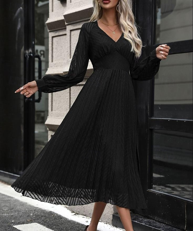 Dame Vanlig kjole Midikjole Netting Lapper Elegant Årgang V-hals Langermet Svart Blå Farge 2025 - $57.99 –P6