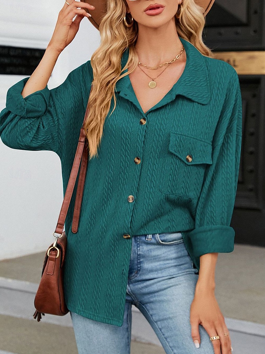 Dames Blouse Effen Kleur Casual Lange mouw Overhemdkraag Dagelijks Grijs-Groen blauw Groen Beige Zomer Lente Herfst 2025 - $34.99 –P1