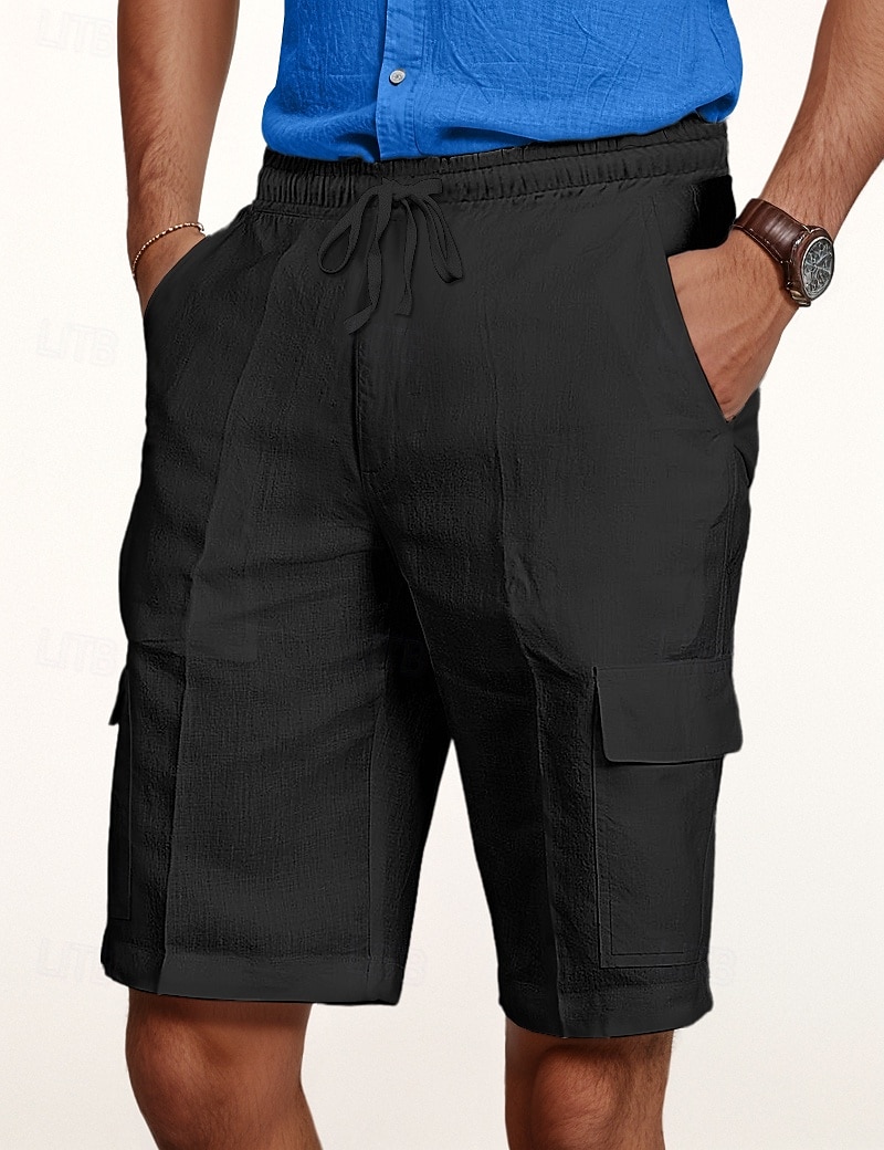 Men's Cargo Shorts Shorts Linen Shorts Summer Shorts Beach Shorts Drawstring Elastic Waist Multi Pocket Plain Knee Length Outdoor Casual Daily Vacation Casual Black White Inelastic 2025 - $22.99 –P11