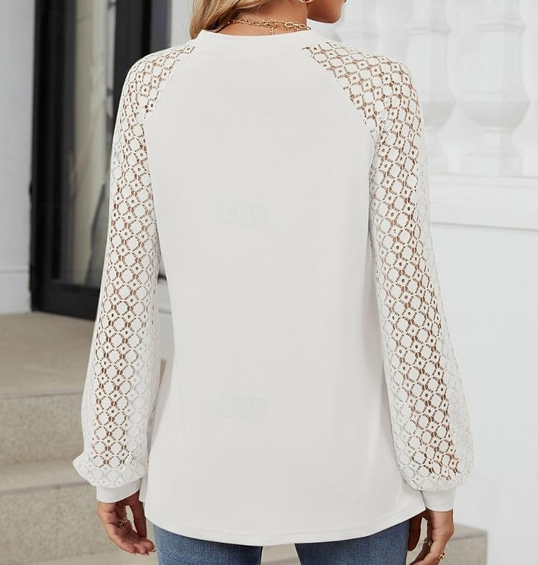 Women's White Elegant Lace Tops Eyelet Blouse Fashion Casual Lace Mesh Long Sleeve Regular Tops Crew Neck Daily Romantic Petite Tops Summer Holiday Wear Black White Pink Blue Summer Spring Fall 2025 - $32.99 –P9