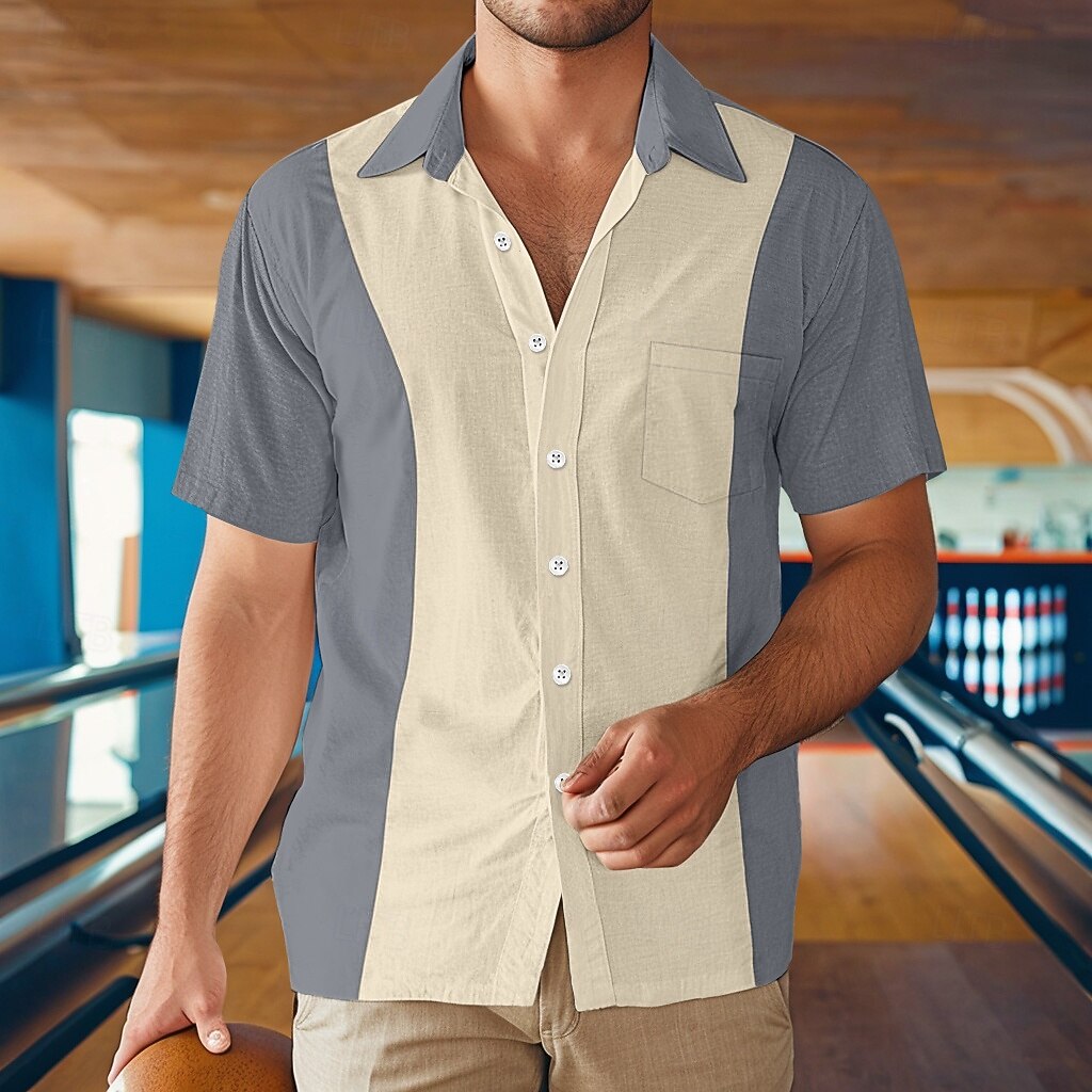 Men's Shirt Summer Shirt Beach Wear Casual Shirt Bowling Shirt Button Up Shirt Black Wine Blue Green Gray Short Sleeve Color Block Lapel Vacation Daily Front Pocket Clothing Apparel Cotton Fashion 2025 - $22.99 –P6