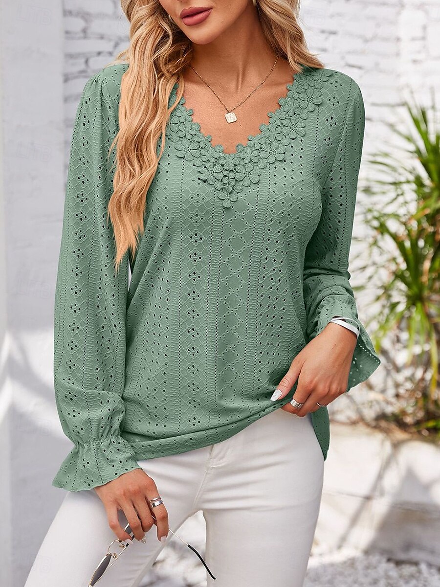 Women's Elegant Lace Tops Eyelet Blouse Solid Color Lace Eyelet Flutter Sleeve Long Sleeve Regular Tops V Neck Daily Romantic Petite Tops Summer Holiday Wear Pink Blue Purple Green Spring Fall 2025 - $27.99 –P4