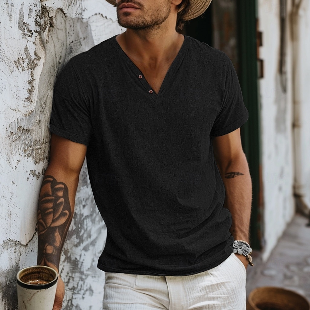 رجالي قميص هينلي تي الأعلى كم قصير سهل موضة مصمم أساسي V-neck V رقبة عطلة شارع مناسب للخارج الصيف أزرق فاتح أسود أبيض تي شيرت هنلي 2025 - $15.49 –P12