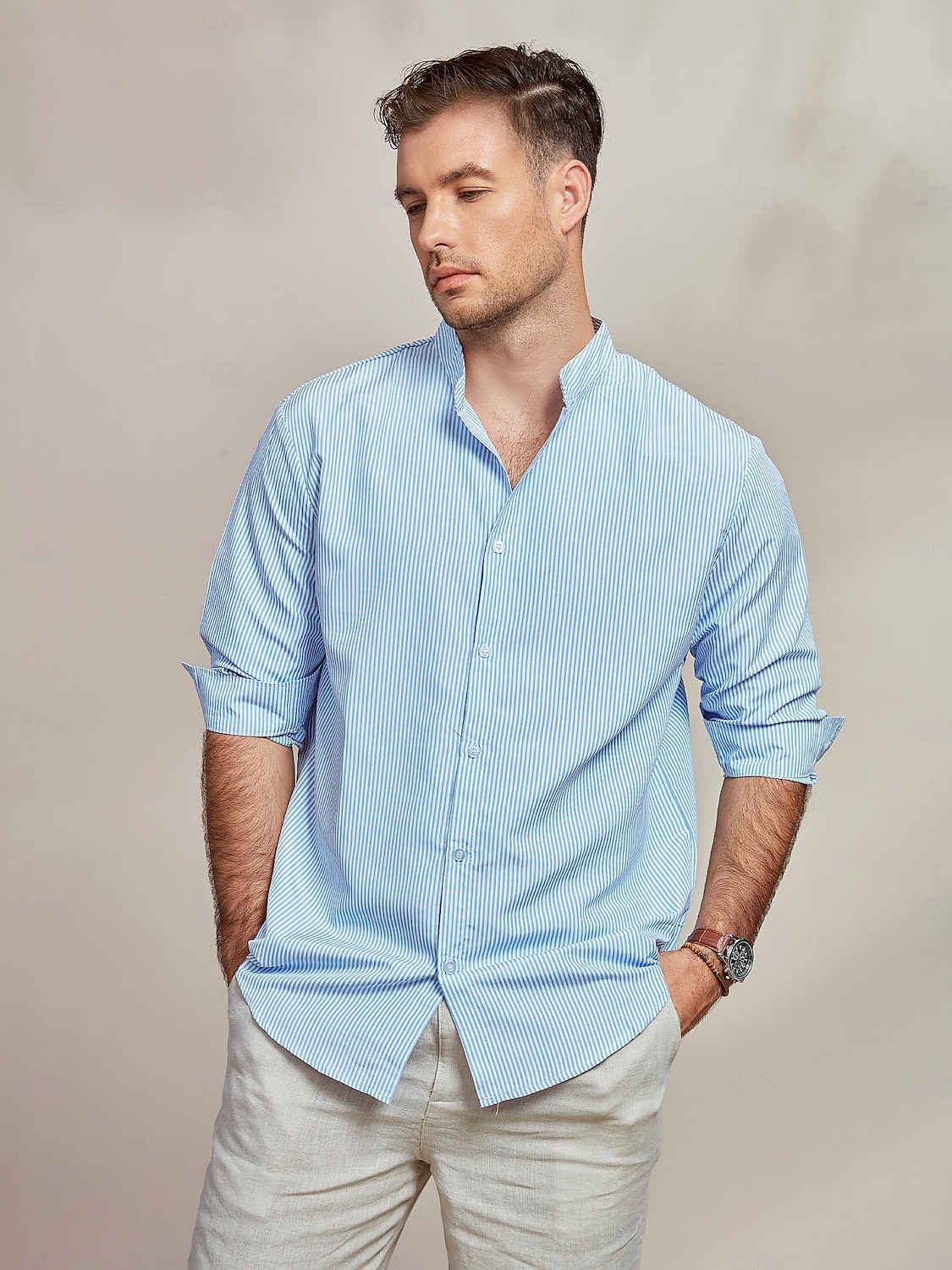 Herren Hemd Hemd mit Stehkragen Sommerhemd Strandbekleidung Knopfhemd Lässiges Hemd Blau Langarm Gestreift Ständer Hawaiianisch Festtage Bedruckt Bekleidung Baumwollmischung Modisch Klassisch 2025 - $23.99 –P8