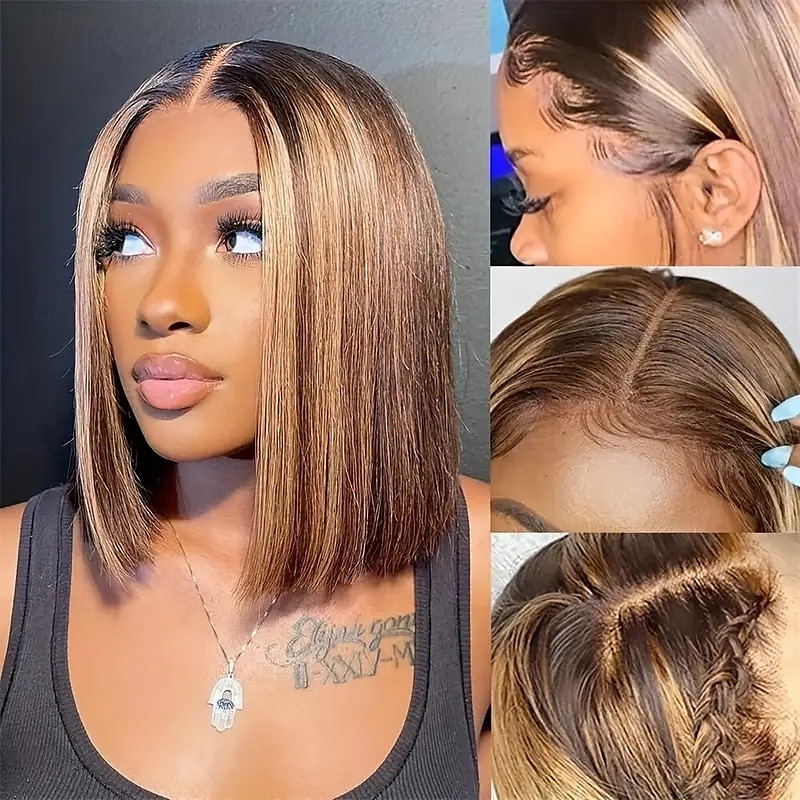 highlight 13*4*1 p4/27 remy haar korte bob ombre menselijk haar pruiken blonde pruik rechte bob pruik 2025 - $120.99 –P1