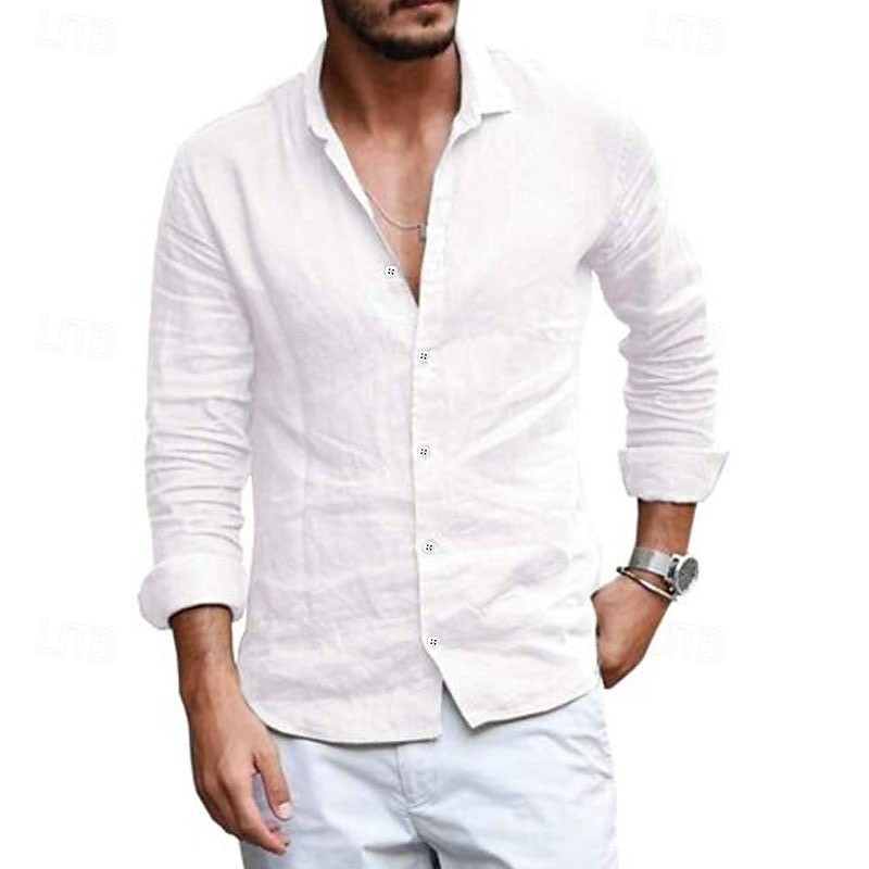 Herren leinenhemd Sommerhemd Strandbekleidung Lässiges Hemd Knopfhemd Glatt Casual Täglich Schwarz Weiß Hellhimmelblau Grau Langarm Lagerkragen Frühling Sommer Bekleidung 2025 - $22.99 –P4