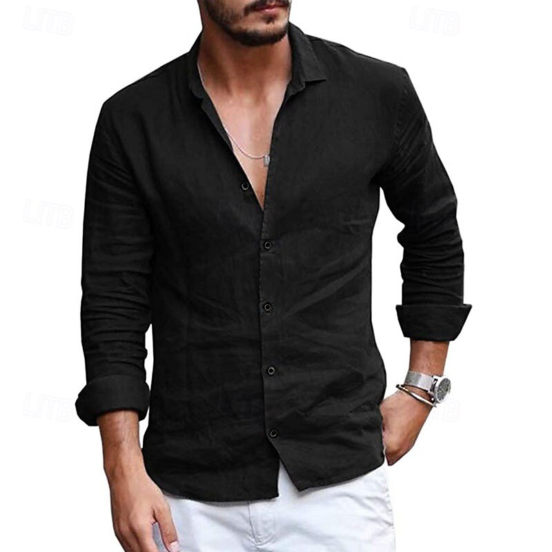 Herren leinenhemd Sommerhemd Strandbekleidung Lässiges Hemd Knopfhemd Glatt Casual Täglich Schwarz Weiß Hellhimmelblau Grau Langarm Lagerkragen Frühling Sommer Bekleidung 2025 - $22.99 –P2