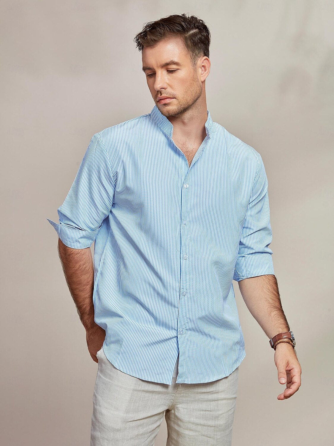 Herren Hemd Hemd mit Stehkragen Sommerhemd Strandbekleidung Knopfhemd Lässiges Hemd Blau Langarm Gestreift Ständer Hawaiianisch Festtage Bedruckt Bekleidung Baumwollmischung Modisch Klassisch 2025 - $23.99 –P4