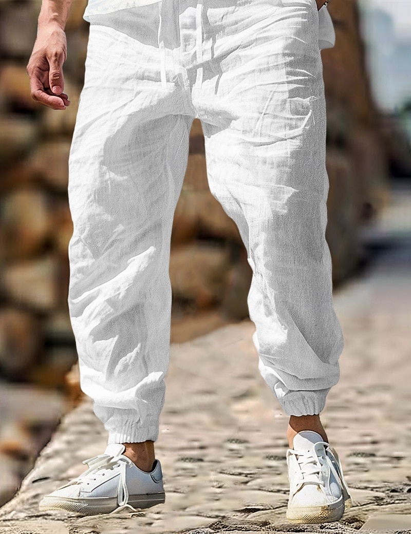 Men's Linen Pants Trousers Summer Pants Elastic Waist Straight Leg High Rise Solid Color Comfort Breathable Full Length Outdoor Home Casual Vacation Fashion Gray Green Black High Waist Inelastic 2025 - $27.99 –P1