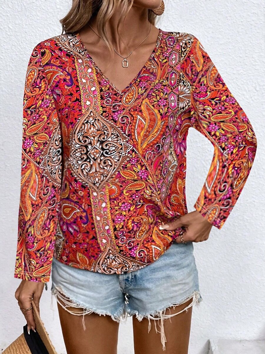 Women's Tunic Fashion Casual Print Long Sleeve Regular Tops V Neck Daily Red Blue Green Spring Fall 2025 - $29.99 –P3