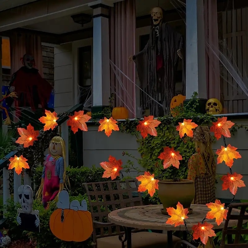 Ghirlandă artificială cu frunze de arțar cu energie solară 6,5 m 30 led-uri de Ziua Recunoștinței Halloween frunze de toamnă decorare în aer liber grădină interioară terasă șemineu pentru iluminat 2025 - $14.49 –P12