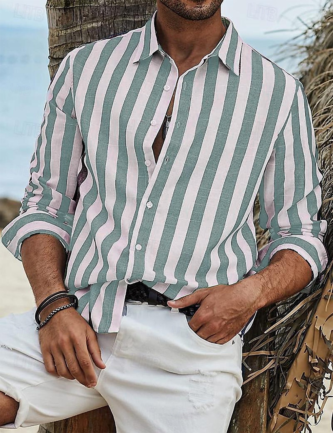 Men's Shirt Linen Shirt Summer Shirt Beach Shirt Cotton Linen Shirt Striped Shirts Striped Vacation Hawaiian Yellow Red Blue Green Long Sleeve Turndown Spring &  Fall Clothing Apparel Button-Down 2025 - $28.99 –P12