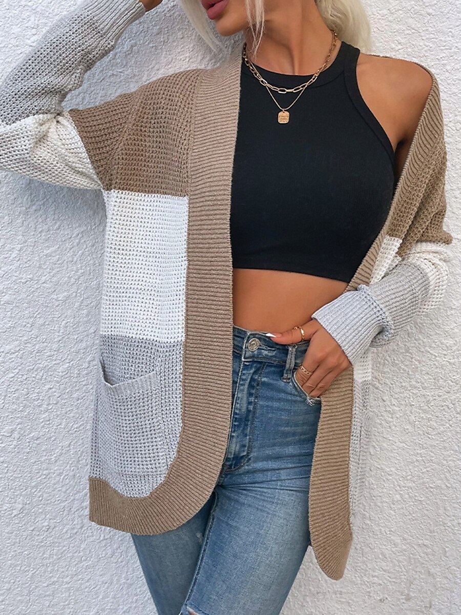 Femme Gilet Cardigan Pull décontracté Décontractées Flexible Bloc de couleur Col V Tricoté manche longue Hauts réguliers Tricoter Extérieur du quotidien Fin de semaine Bleu Marron Automne Hiver de 2025 ? $35.99 –P3
