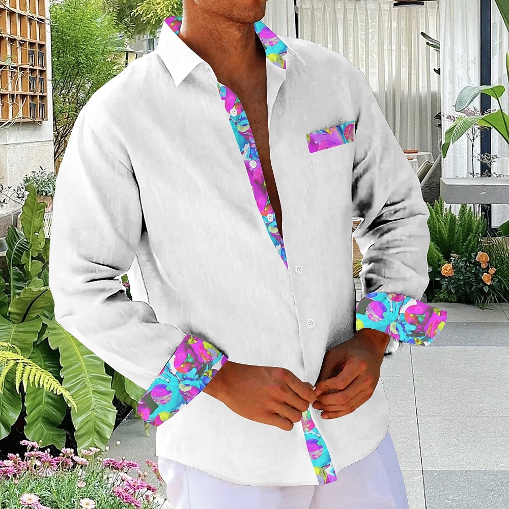 Herren Blumen Tropische Blumen Strandhemd Hawaiihemd Sommerhemd Knopfhemd Langarm Hemd Hemden mit Kragen Hawaiianisch Urlaub Täglich Weiß Gelb Blau S M L 2025 - $26.99 –P4