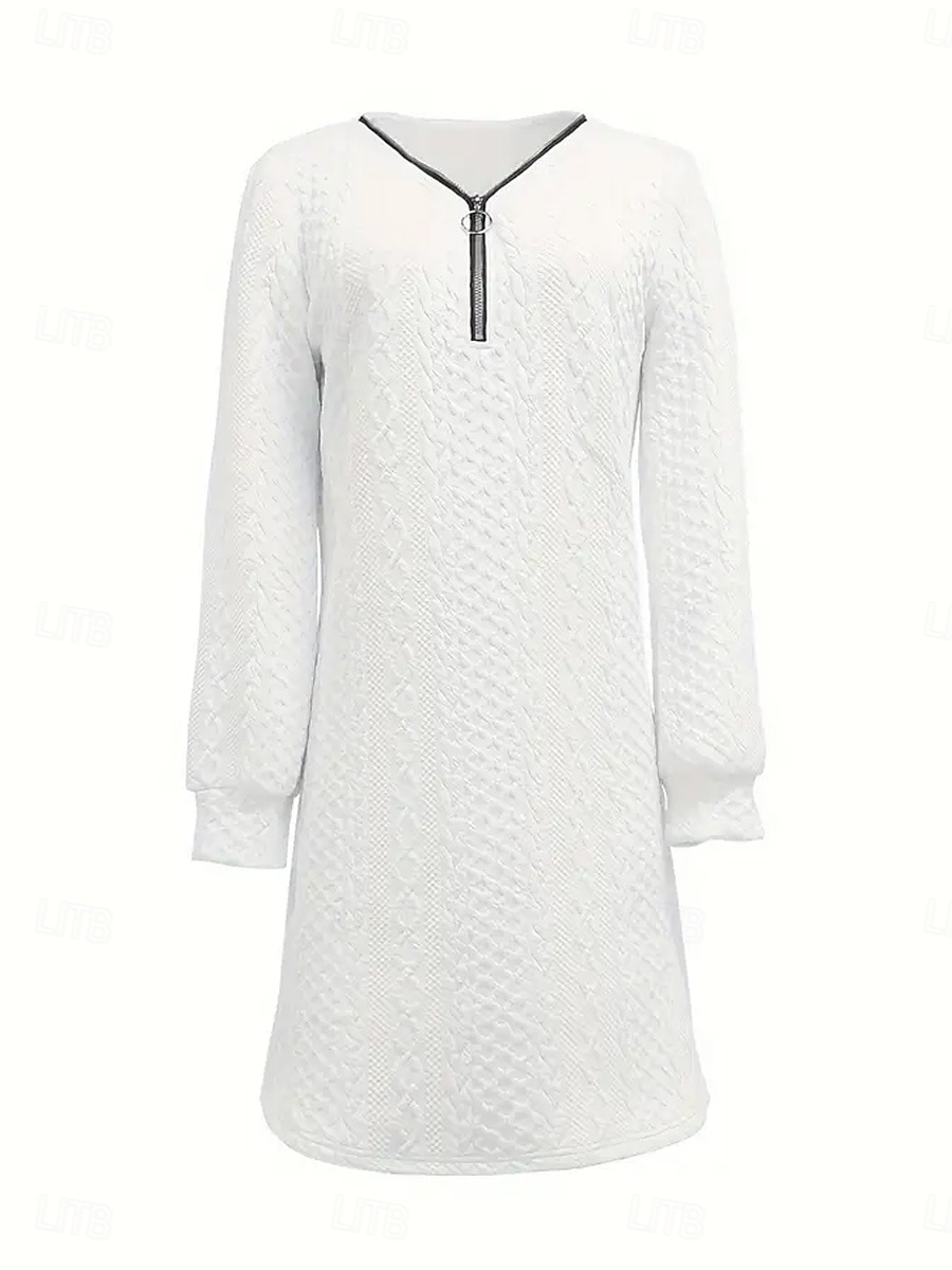 Women's Plain Dress Mini Dress Zipper Vintage Casual V Neck Long Sleeve Black White Pink Color 2025 - $27.99 –P5