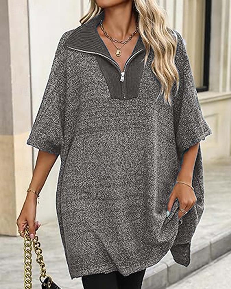 Damen Pullover Brautkleider schlicht Feste Farbe Troyer Halber Reißverschluss Zip Halbe Ärmel Lange Oberteile Stricken Täglich Schwarz Beige Herbst Winter 2025 - $61.99 –P1