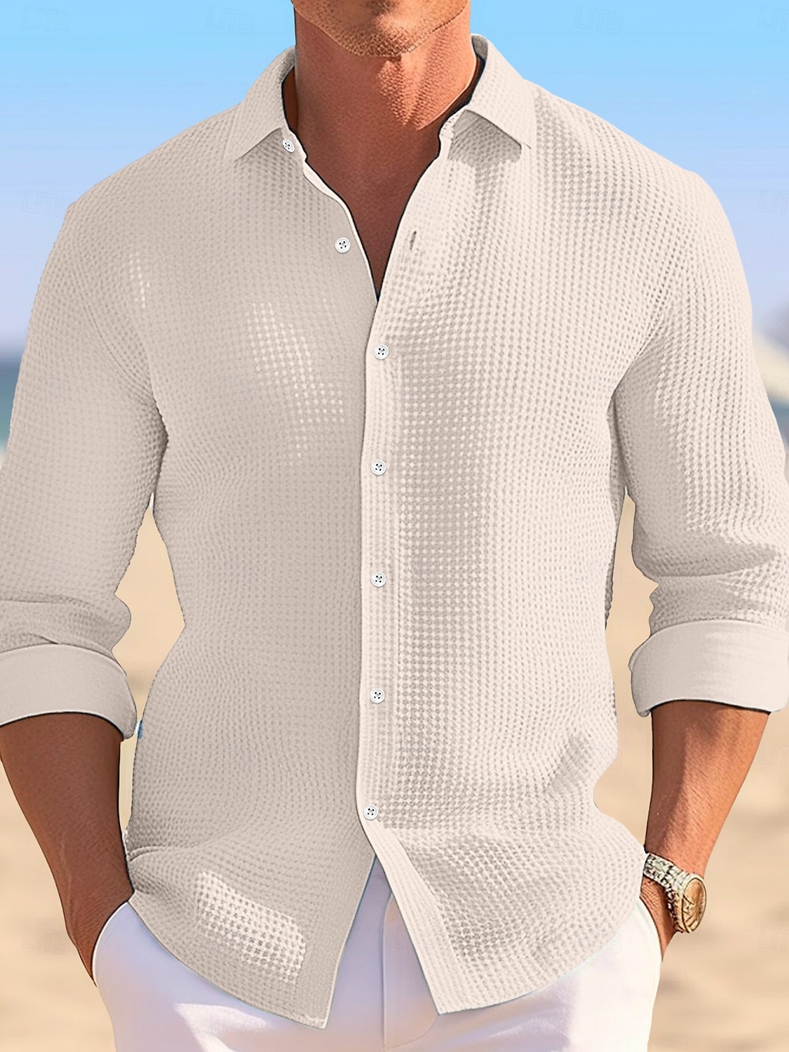 Men's Shirt Waffle Shirt Summer Shirt Casual Shirt Button Up Shirt Untucked Shirts Black White khaki Light Blue Long Sleeve Plain Lapel Vacation Daily Clothing Apparel Cotton Fashion Casual 2025 - $25.99 –P2