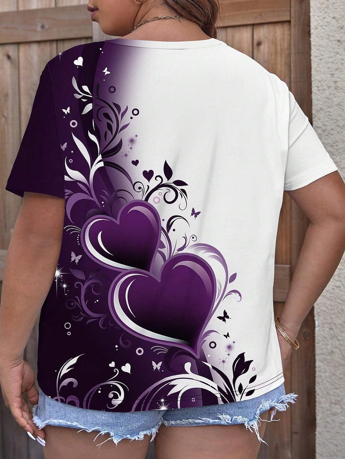 Tricou pentru femei mărime mare topuri tee inimă cu mânecă scurtă guler casual zilnic primăvară toamnă violet 2025 - $19.99 –P2