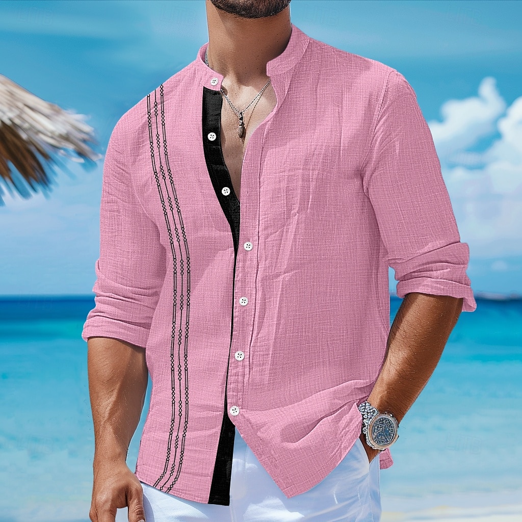 Voor heren Overhemd linnen overhemd Guayabera-shirt Zomer overhemd Strand Kleding Overhemd met knopen Effen Vakantie Curise Zwart Wit Blozend Roze blauw Lange mouw Band Kraag Lente zomer Kleding 2025 - $25.99 –P4
