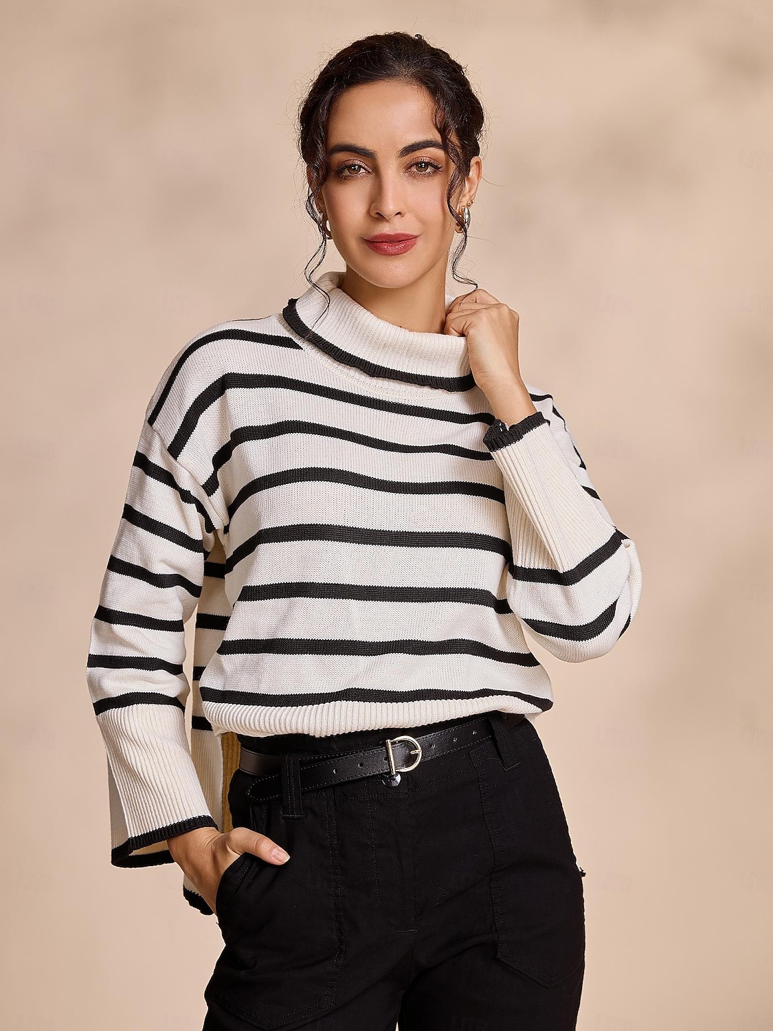 Per donna Felpa A collo alto A coste Maglia Misto lana A campana Autunno inverno Casual / quotidiano Casual quotidiano Manica lunga Banda Bianco S M L del 2025 a $54.99 –P4