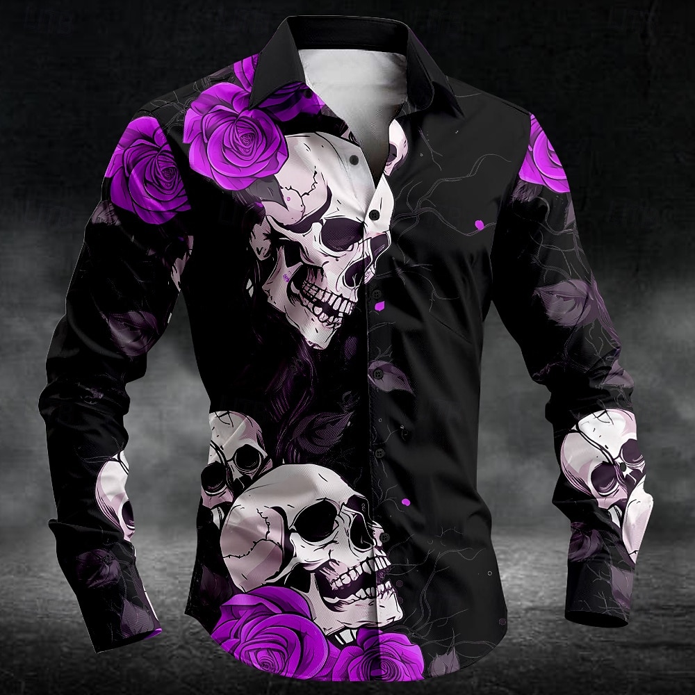 Men's Rose Skull Button Up Shirt Long Sleeve Casual Dark Party Evening Wear Daily Fall Winter Spring & Summer Shirt Collar Button Up 3D Print Black White Blue Purple Green 2025 - $26.99 –P5