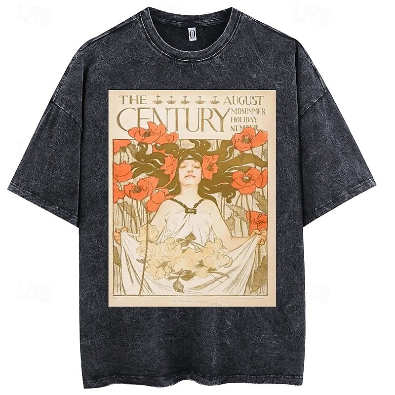 Vintage Illustration T-shirt Oversized Acid Washed Tee Print Graphic For Couple's Men's Women's Adults' Acid Wash Casual Daily 2025 - $22.99 –P2