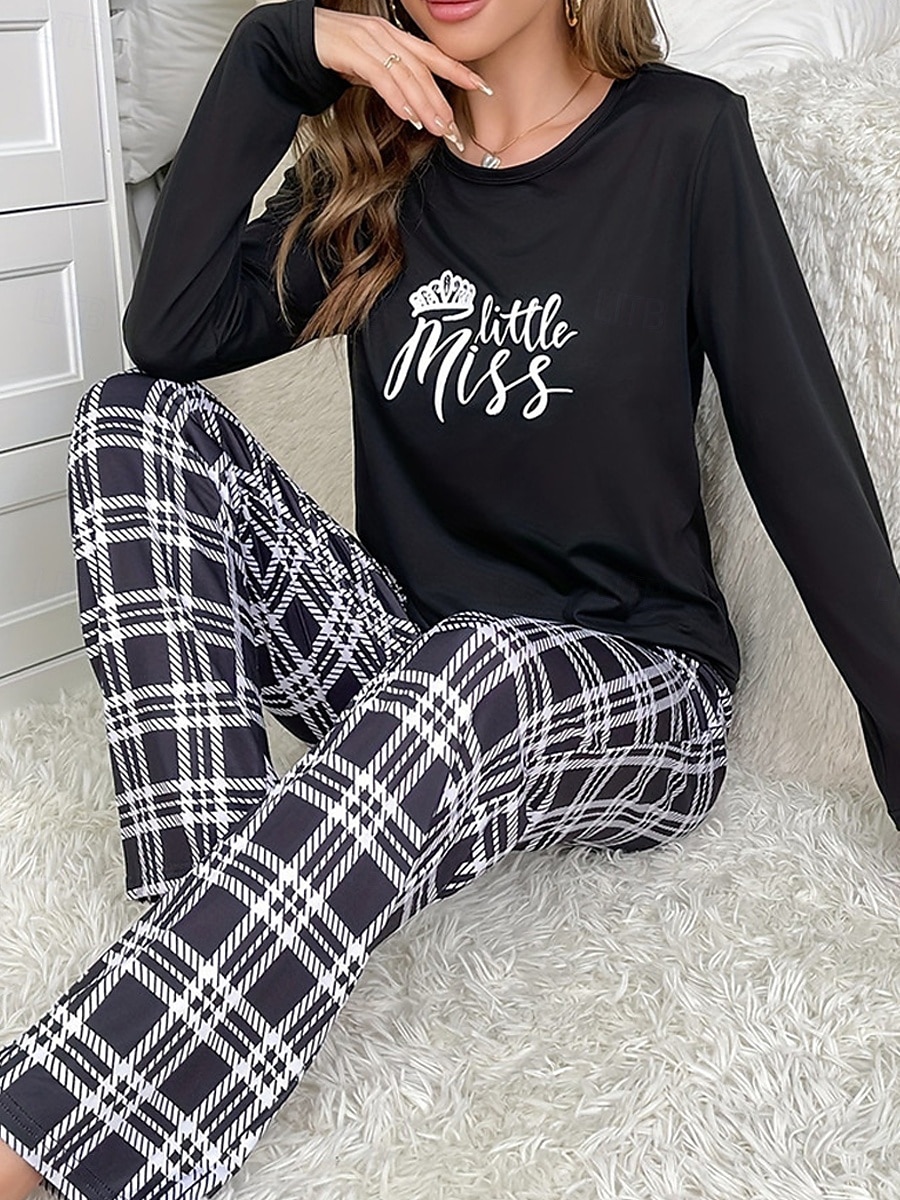 kvinnors pyjamasset rutnät / rutig bokstav mode komfort hem daglig säng andas rund hals långärmad t-shirt t-shirt byxa resår midja höst vinter hem outfits 2025 - $26.99 –P4