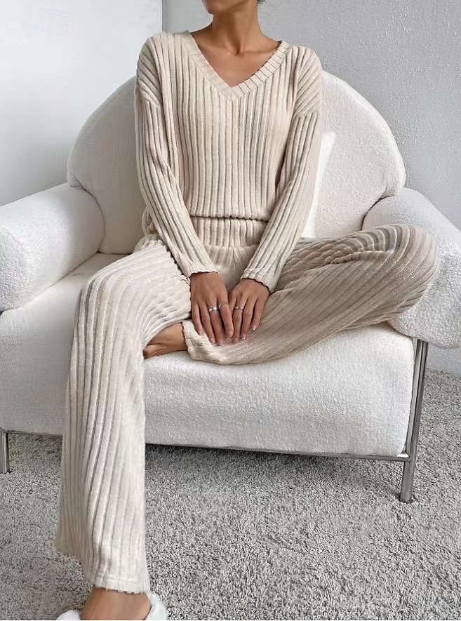 Women's Loungewear Pajama Set Simple Home V Neck Long Sleeve Pullover Pant Spring Fall Black Blue Home Outfits 2025 - $33.99 –P5