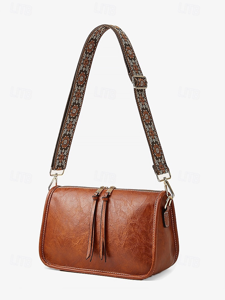 brun skulderveske i imitert skinn for kvinner med justerbar mønstret stropp - stilig crossbody-veske for casual og boho chic looks 2026 - $26.99 –P3