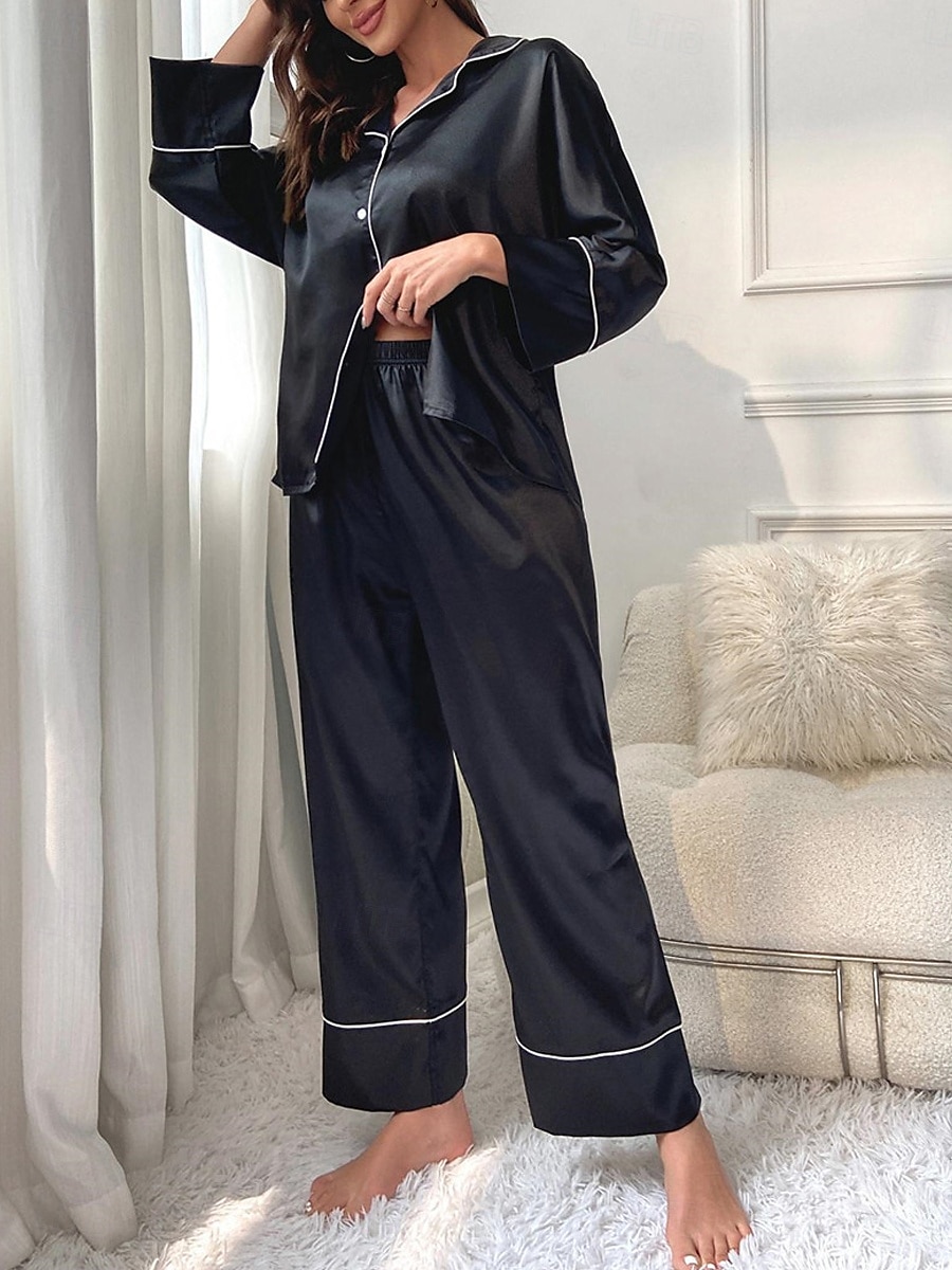 dames pyjama sets pure kleur mode comfort thuis dagelijks bed imitatie zijde zijde ademend revers lange mouw shirt broek knoop zak herfst thuis outfits 2025 - $27.99 –P11