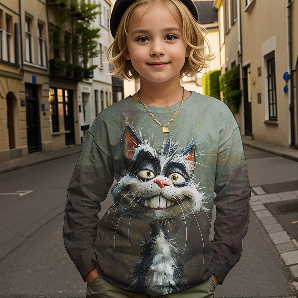 Jente 3D Grafisk Dyr Katt T skjorte T-skjorte Langermet Vår Høst Mote Grunnleggende Barn 4-12 år Crew-hals utendørs Avslappet Daglig Normal 2025 - $13.99 –P1