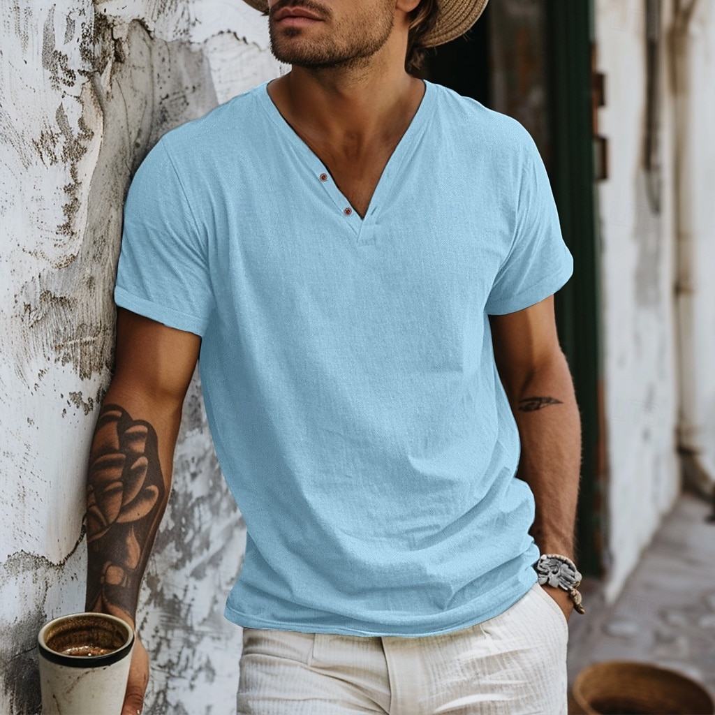 رجالي قميص هينلي تي الأعلى كم قصير سهل موضة مصمم أساسي V-neck V رقبة عطلة شارع مناسب للخارج الصيف أزرق فاتح أسود أبيض تي شيرت هنلي 2025 - $15.49 –P9