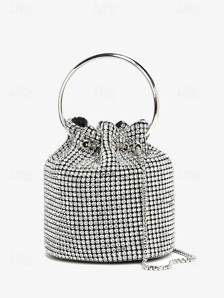 Women's Sparkling Silver Rhinestone Bucket Bag with Metal Ring Handle | Glamorous Accessory for Evening Parties and Special Occasions 2025 - $42.99 –P4