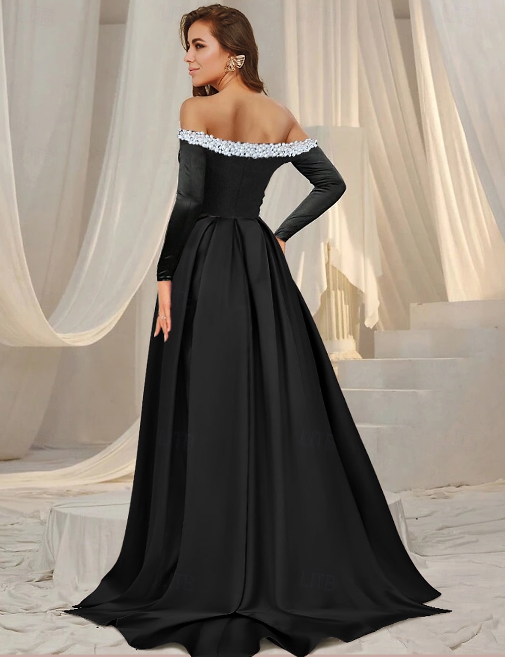 A-Linie Abendkleid Elegantes Kleid Formal Bodenlang Lange Ärmel Off-Shoulder Tasche Satin mit Perlen 2025 - $191.99 –P4