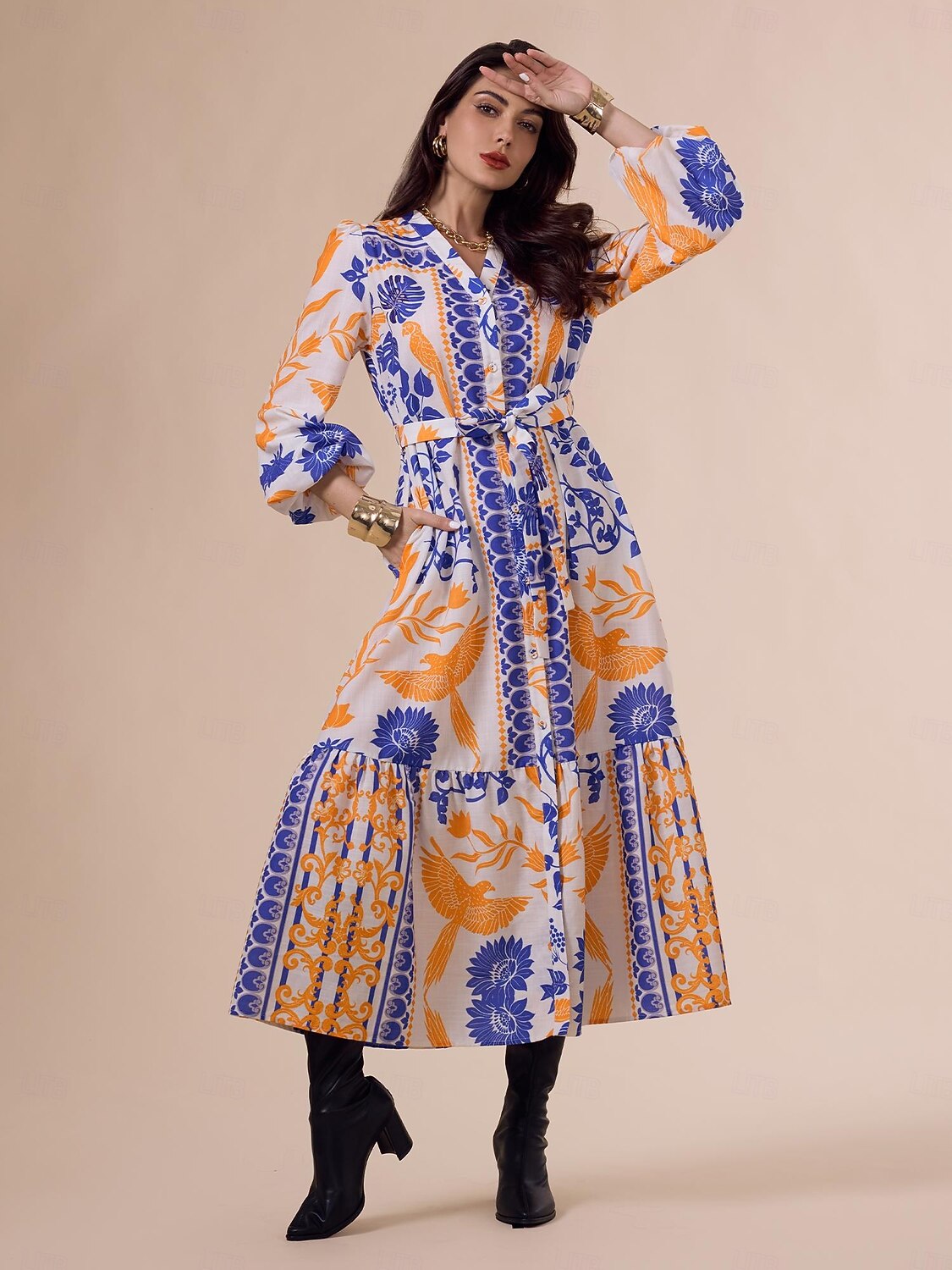 Vestido largo bohemio con escote en V, mangas farol y cinturón botánico 2025 - $114.99 –P1