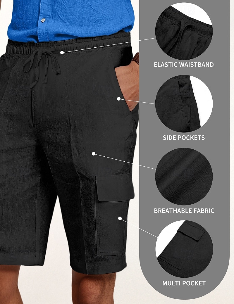 Men's Cargo Shorts Shorts Linen Shorts Summer Shorts Beach Shorts Drawstring Elastic Waist Multi Pocket Plain Knee Length Outdoor Casual Daily Vacation Casual Black White Inelastic 2025 - $22.99 –P1