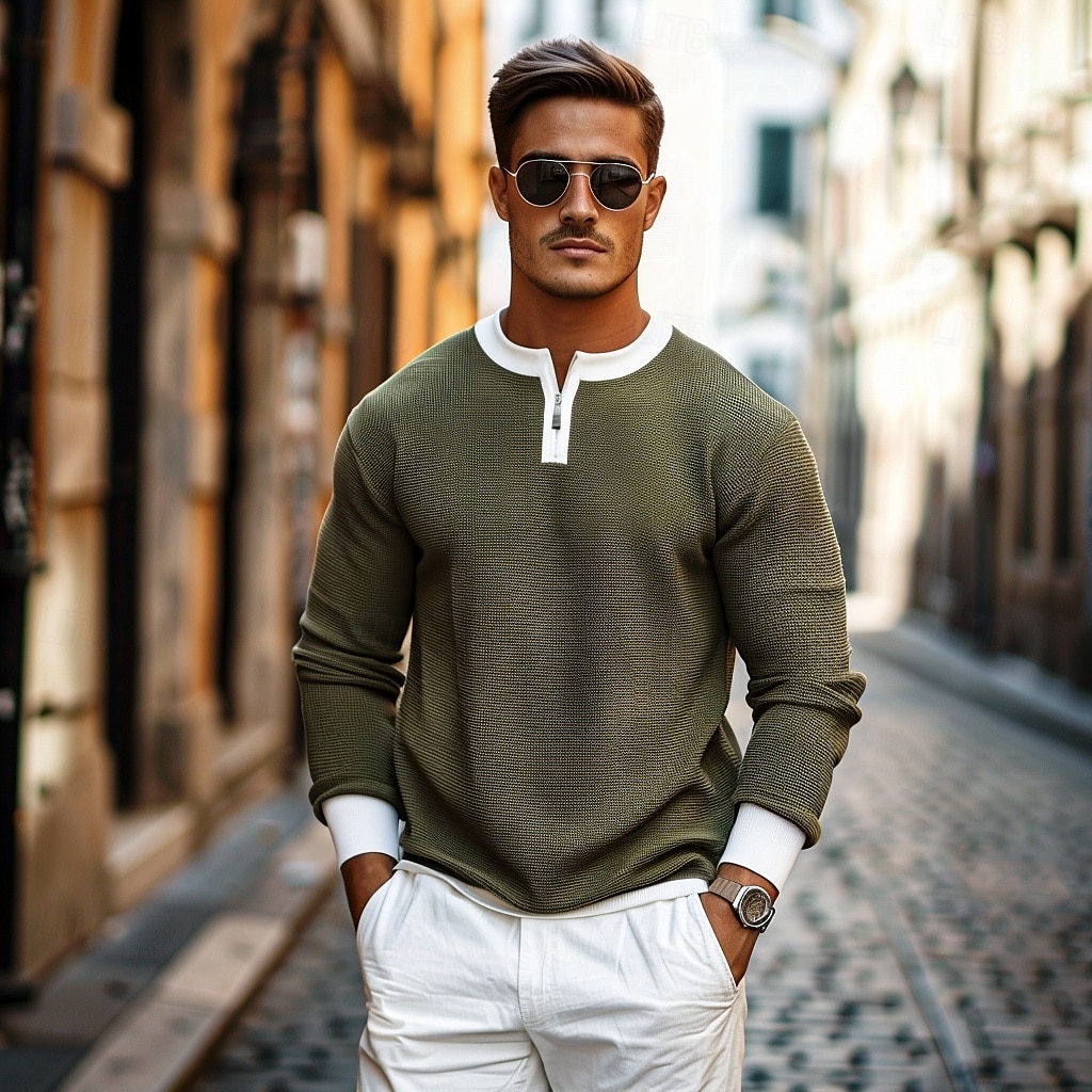 Per uomo Maglietta Waffle Maglietta con Zip a Quarti Maglietta Camicia a Maniche Lunghe Manica Lunga Girocollo Primavera & Autunno Blocco di colori Moda Designer Essenziale Cerniera Finto due pezzi del 2025 a $28.99 –P5
