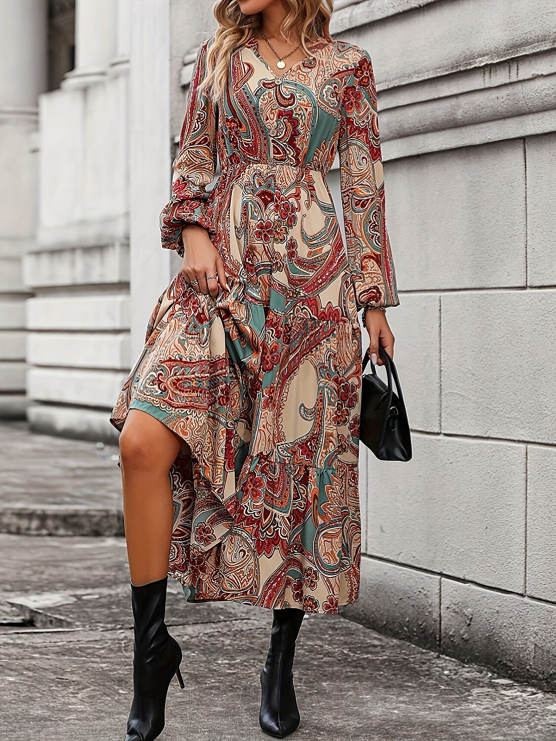 Femme Robe Maxi Robe casual robe boheme Décontractées du quotidien Ample Graphic manche longue Col V Marron Printemps Automne de 2025 ? $41.99 –P3