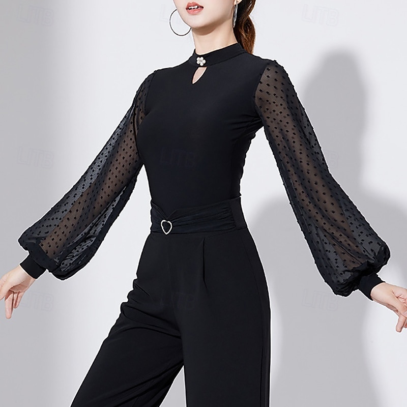 Dança de Salão Roupas Esportivas Collant / Pijama Macacão Cor Pura Recortes Tule Mulheres Espetáculo Treino Manga Longa Alto Poliéster de 2026 por $46.99 –P3