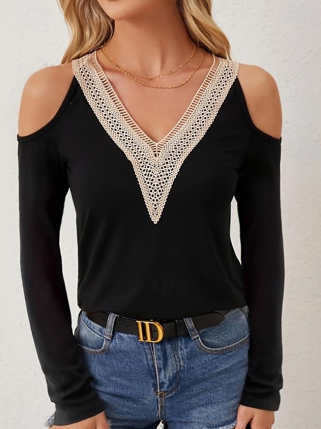 camicetta da donna elegante moderna con taglio a maniche lunghe regolare top scollo a V lavoro quotidiano nero bianco primavera autunno del 2025 a $29.99 –P1
