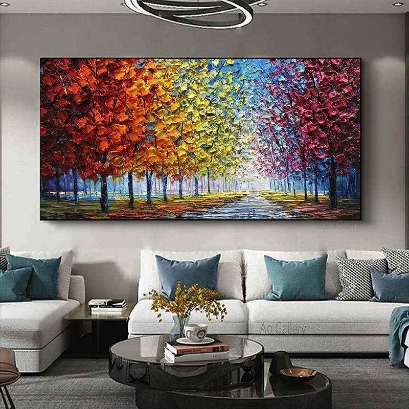 grande peinture à l'huile d'arbre peinte à la main sur toile peinture d'automne de forêt colorée faite à la main pour l'art du salon peinture impasto texturée lourde peinte à la main de 2025 ? $61.99 –P4