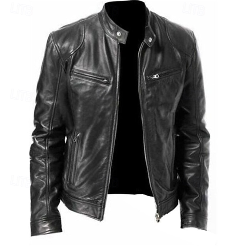 Herr Imitationsläderjacka Övergångsjacka Bikerjacka Röd skinnjacka Semester Dagligen Vindtät Håller värmen Ficka Höst vinter Slät Mode Klassisk Hög krage Normal Imitationsläder Silver Svart Vit Vin 2025 - $39.99 –P10