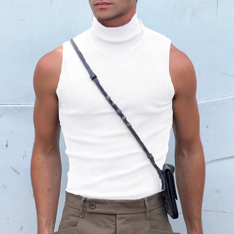 Herr T-shirt Linne Turtleneck skjorta Ärmlös Polokrage Sommar Ensfärgat Pit Strip Mode Designer Muskel Ribbad Utomhus Vardag Svart Vit Topp t-shirt för män 2025 - $16.49 –P6