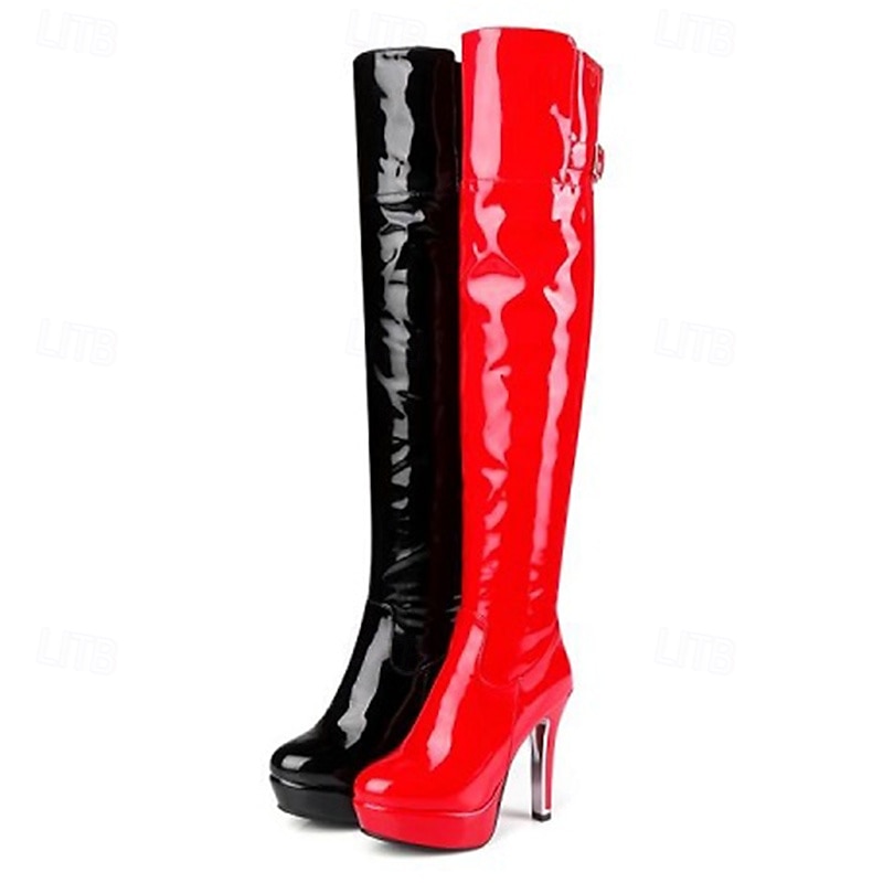Women's Sexy Black Patent Faux Leather Over-the-Knee Boots with Stiletto Heel, High Platform Thigh-High Sexy Heels for Night Out 2025 - $69.99 –P2