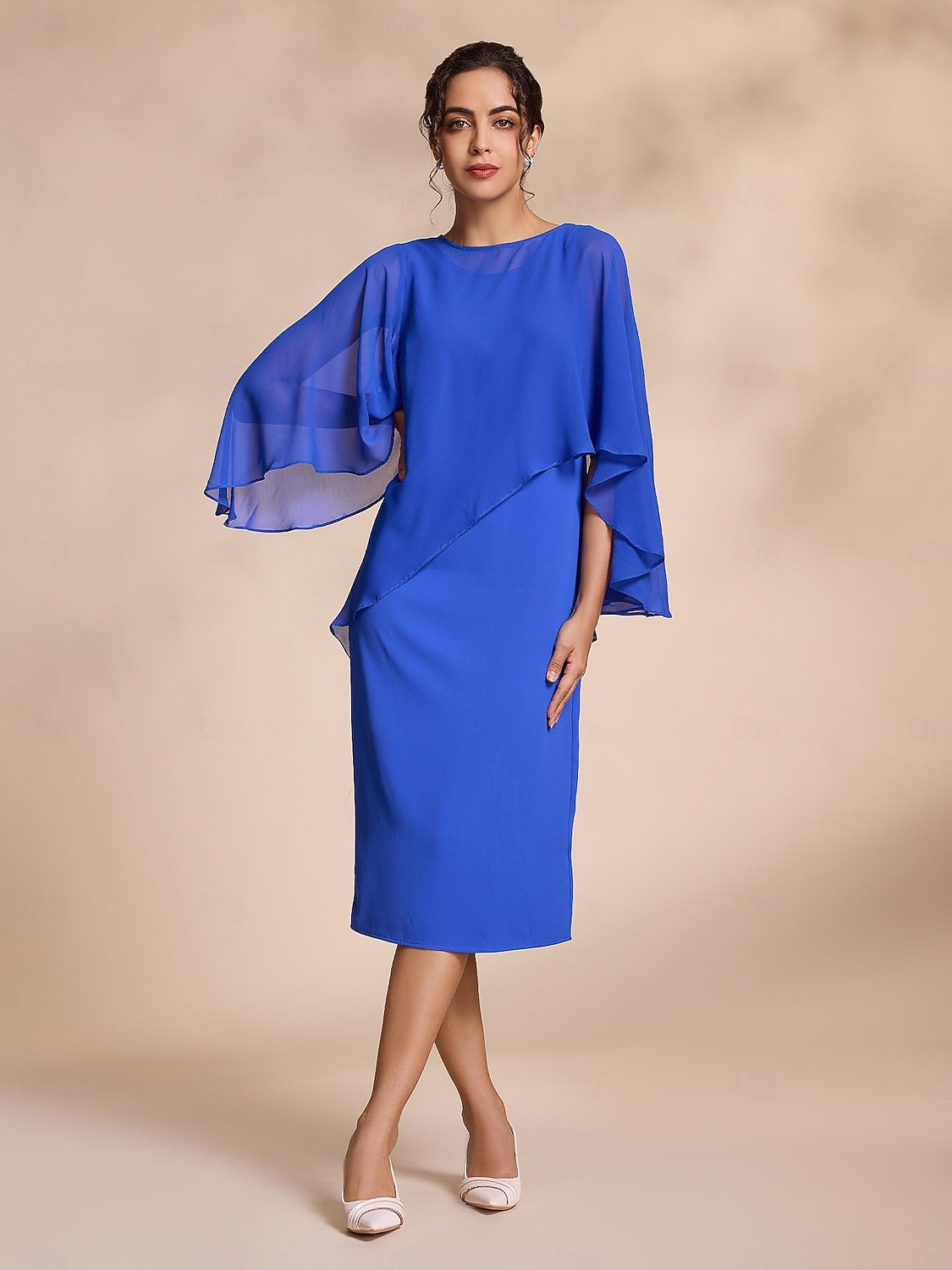 Vestido de gasa azul casual de 2 piezas con mangas redondas y corte midi para madre de la novia, vestido para impresionar 2024 2026 - $99.99 –P4